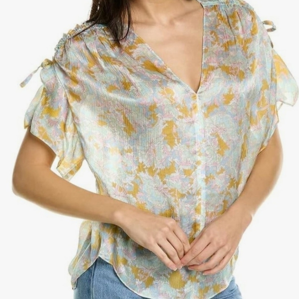 Vince 100% Silk Lotus Ruched Shirred Back Flirty Romantic Top, XS